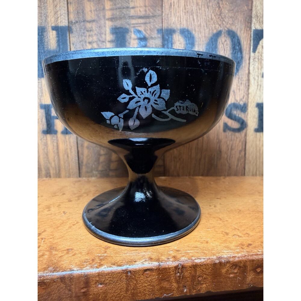 Vintage Hazel Atlas Black Glass Sterling Overlay Sherbet Dessert Fruit Cocktail